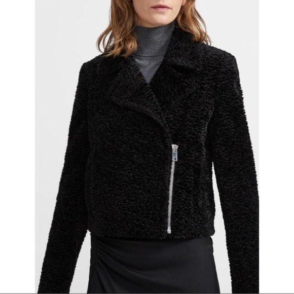 Theory Slim Moto Zip Jacket in Black Embossed Faux Fur Size - 6 - Picture 1 of 9